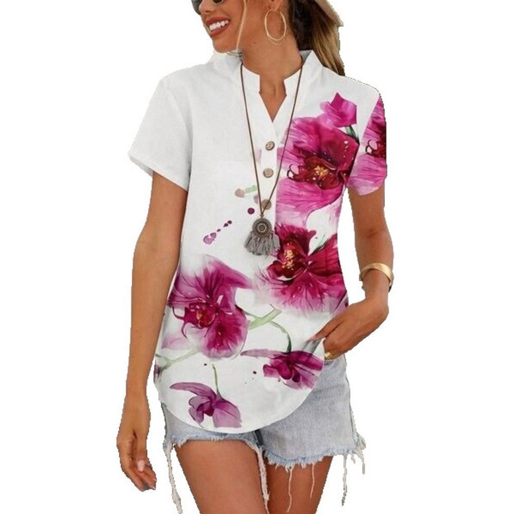 NXH White & Fuchsia Floral Curved Hem Button Front Top Size XL